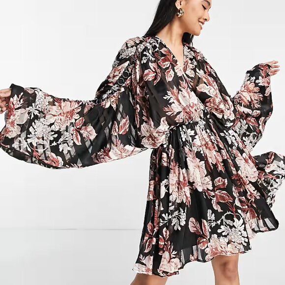 ASOS Design Satin Stripe Blouson With Ring Detail Floral Print | Size US 6 | NWT - Picture 1 of 9